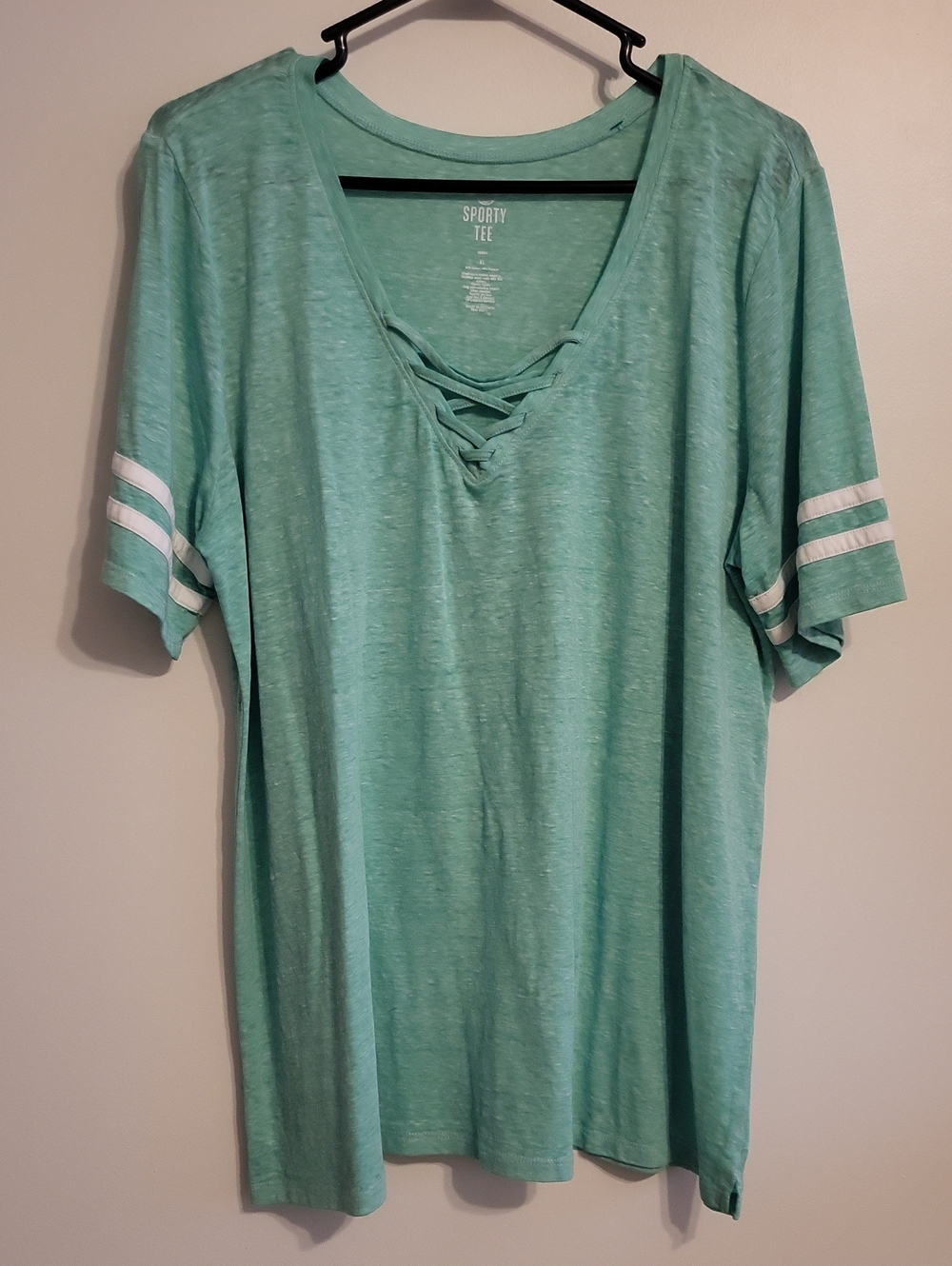 SO XL Mint Green Lace-Up Sporty Tee with White Sleeve Stripes